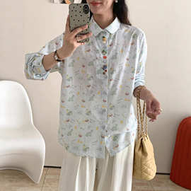 秋季新款日系小清新森女卡通涂鸦印花宽松女士长袖衬衫开衫批发