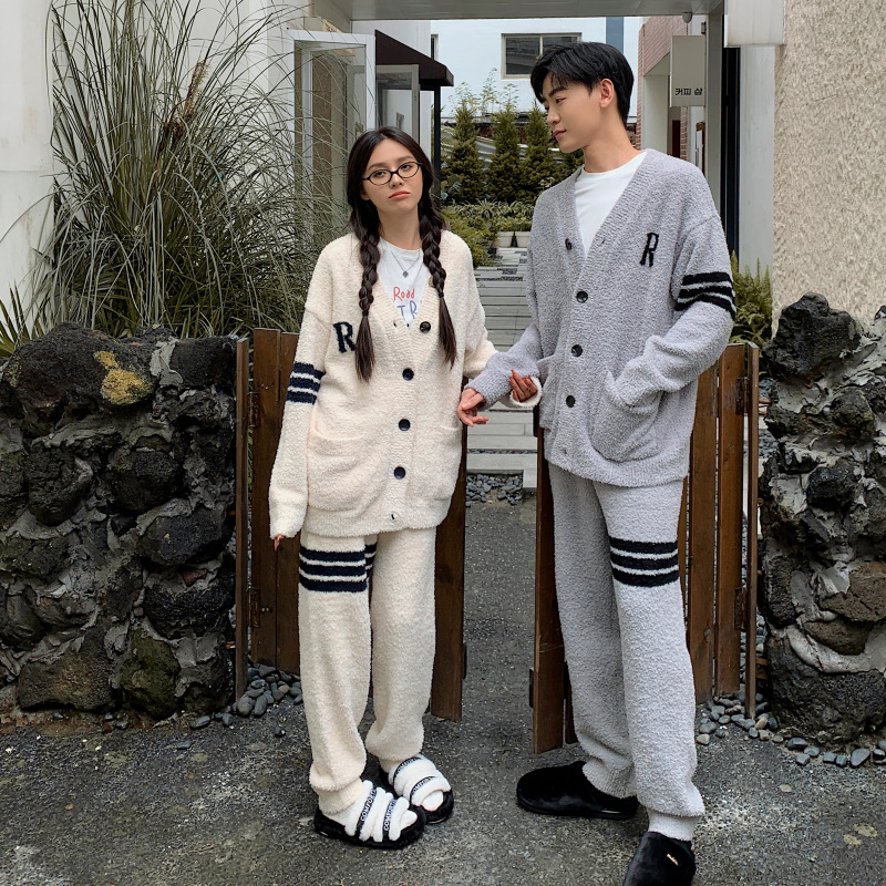 여성용 가을 겨울 하프 벨벳 커플 잠옷, 벨벳과 두꺼운 R 자형 가디건, 남성용 고급스럽고 편안한 플러시 홈 의류