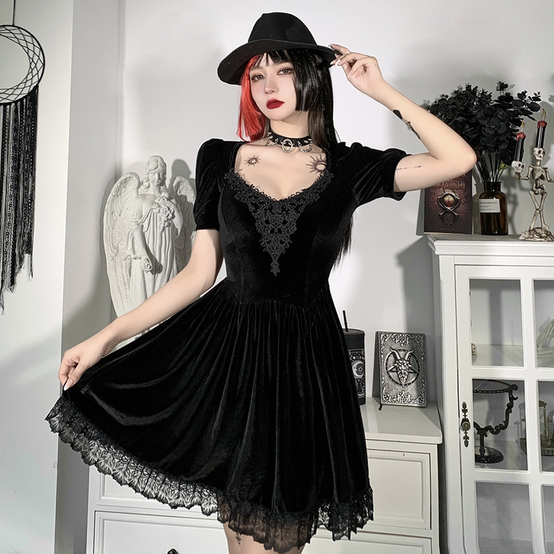 gothic style lace bubble sleeves embroidered dress nihaostyles clothing wholesale NSGYB99517