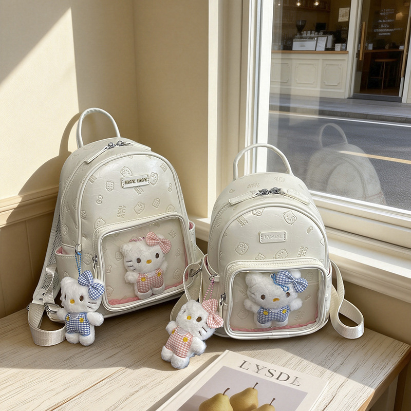 Hello Kitty's cute plush backpack for women, transparent window backpack, lightweight student schoolbag, fashionable and versatile