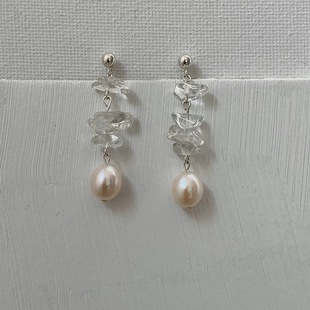 French Elegant White Crystal Stitching Natural Freshwater Pearl Earrings All-match Commuter 925 Silver Long Silver Pin Earrings
