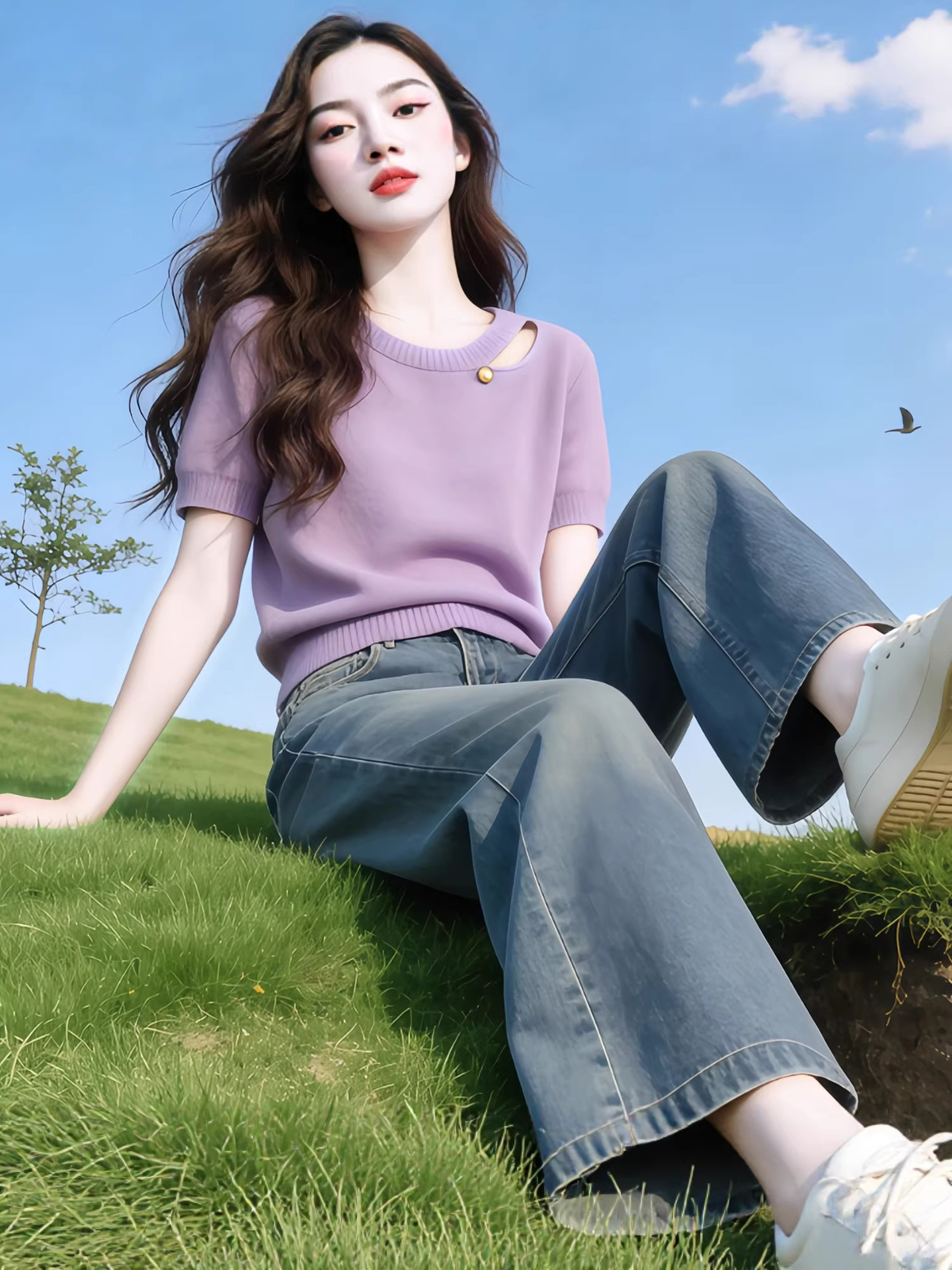 Áo len ngắn tay cổ tròn chạm rỗng nữ mùa hè kiểu mới — Màu ảnh
