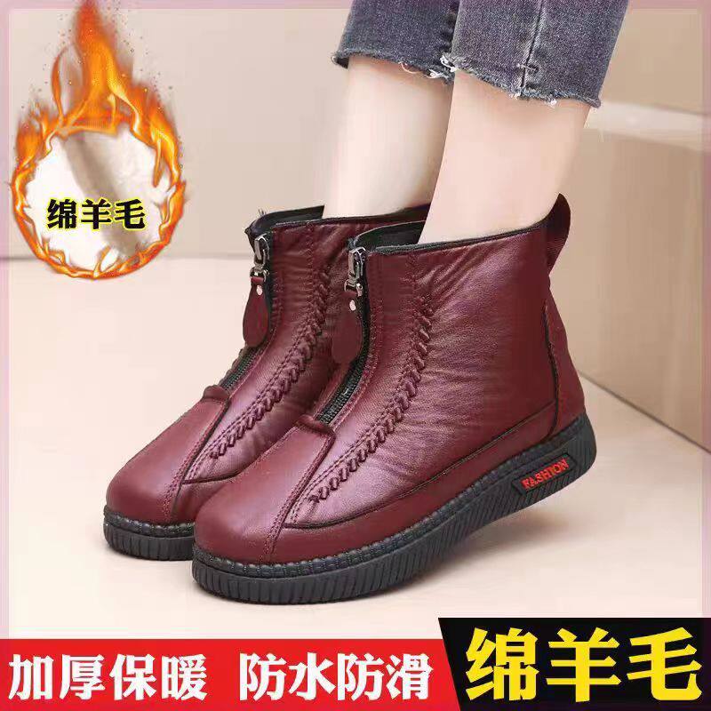Bốt cao cổ nữ lót lông giữ ấm, đế mềm chống thấm nước, khóa kéo phía trước — Giày bốt cao D02-đen [đóng hộp], Giày bốt cao D02-đỏ [đóng hộp]