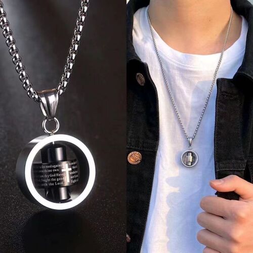Punk-style men's titanium steel pendant necklace, geometric lucky spinning wheel necklace, cross-rotating necklace, nylon chain