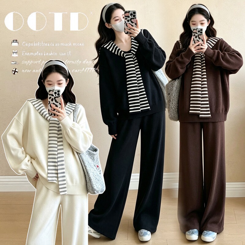 Real shot~ New autumn and winter Korean fashion shawl top + wide-leg pants set for pregnant women, youthful and slimming, made of cotton Real shot~ New autumn and winter Korean fashion shawl top + wide-leg pants set for pregnant women, youthful and slimming, made of cotton