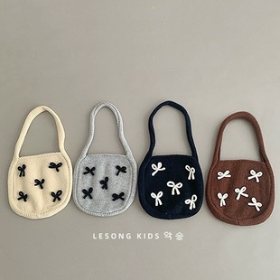 Sweet Korean Style Cute Bow Children's Knitted Handbag Wool Bag 2024 Autumn and Winter New Shoulder Bag
