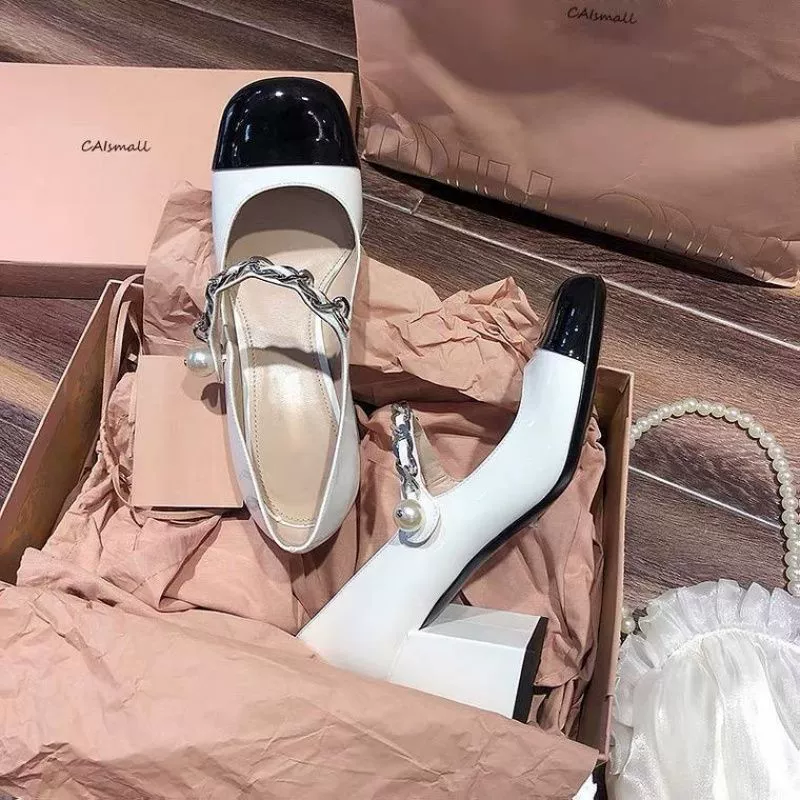 Летние туфли на каблуке, цепь, обувь, стиль Chanel