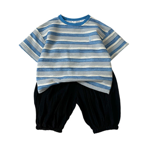 Boys striped short-sleeved suit 2025 new small and medium-sized children's summer Korean version casual short-sleeved mid-trouser two-piece set