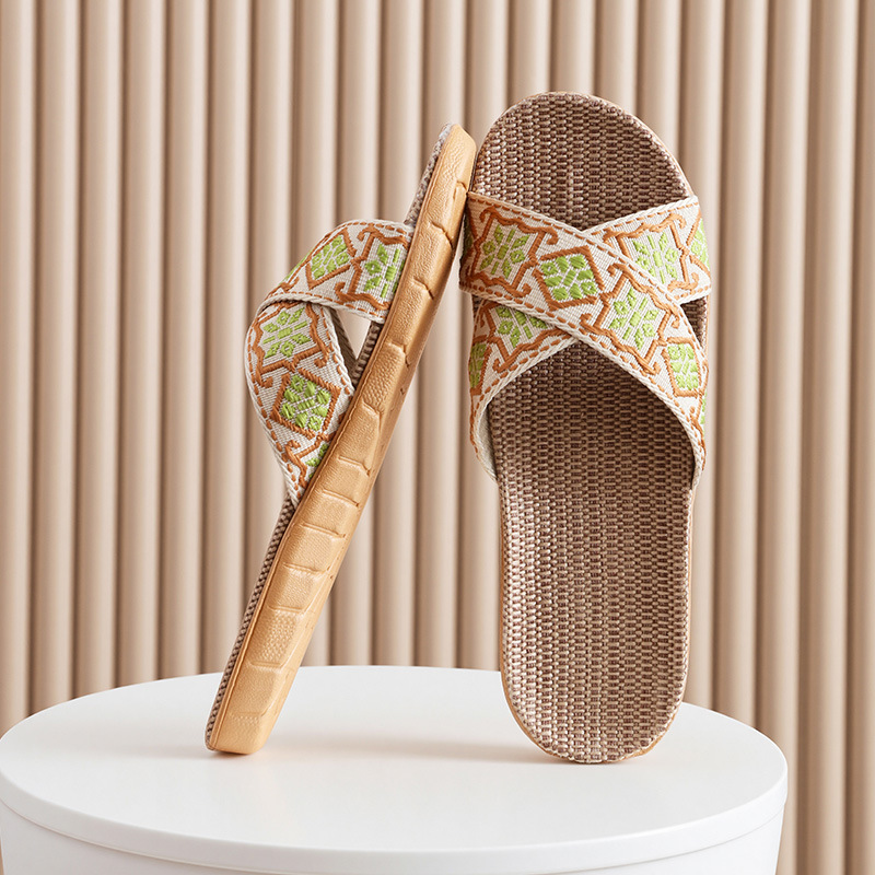 Zapatillas de lino de cuatro estaciones, venta al por mayor para el hogar, zapatillas de algodón y lino para interiores desodorantes y antideslizantes para mujeres, sandalias silenciosas para el hogar para mujeres