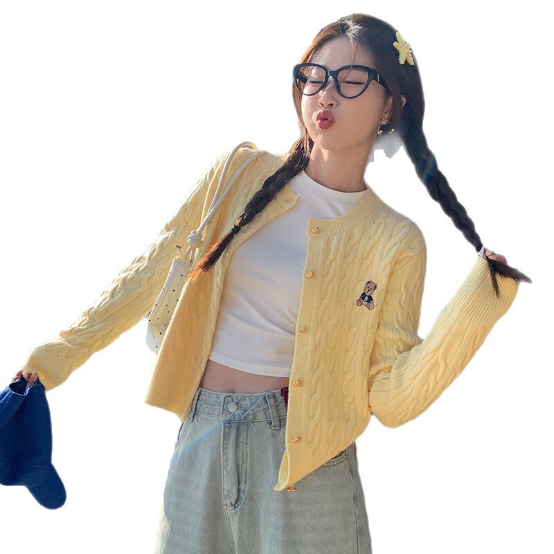 早秋毛衣开衫女2025新款藏蓝色小熊刺绣麻花针织外套韩系穿搭上衣|undefined