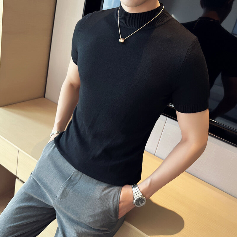 25 새로운 여름 남성 의류 가볍고 성숙한 스타일의 중간 칼라 솔리드 컬러 슬림 비즈니스 하프 터틀넥 반팔 니트 바닥 셔츠