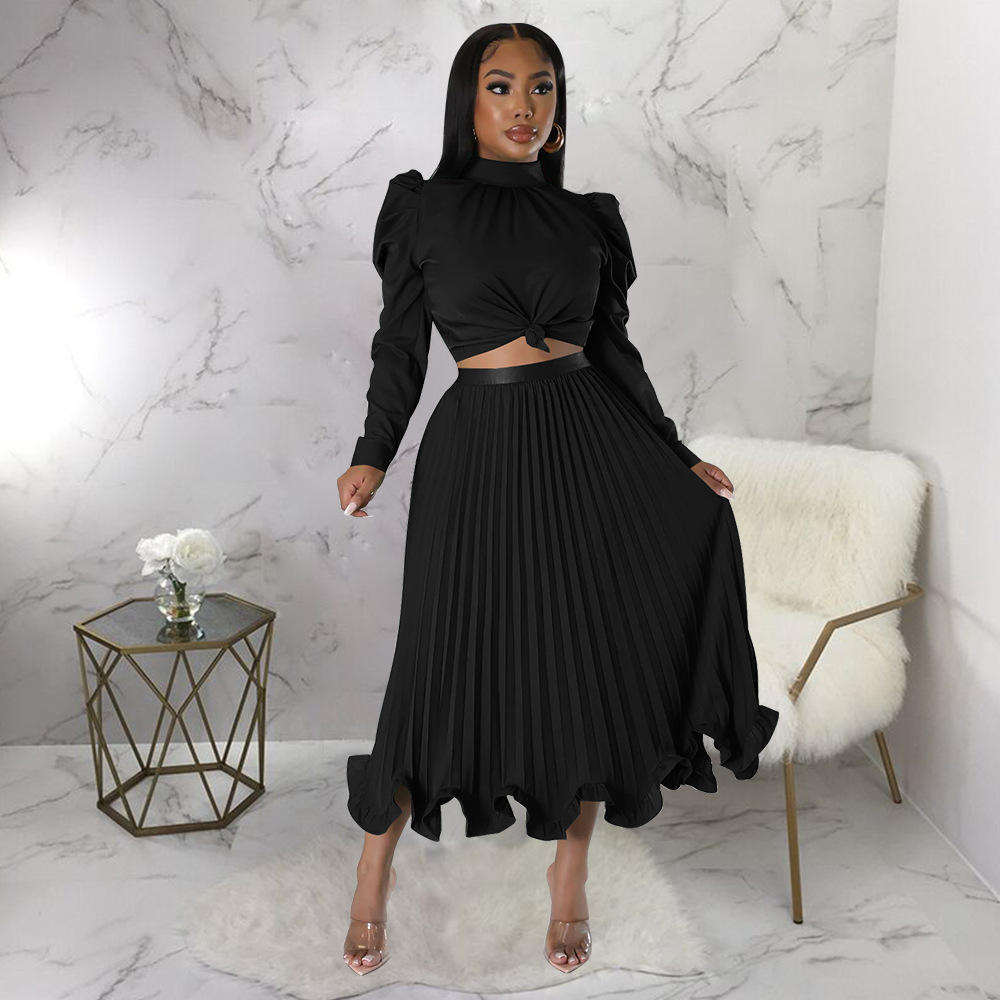 Abbigliamento da donna Top con maniche a sbuffo Gonna plissettata con volant Set due pezzi_voghion.com