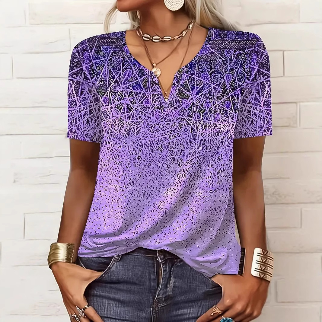 유럽과 미국 스타일의 대외 무역 여성 의류 2025 새로운 캐주얼 패션 트렌드 색상 그라데이션 v 넥 반팔 노치 티셔츠