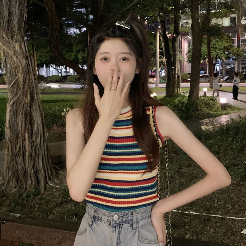 Rainbow Striped Knitted Camisole for Women 2025 Summer Versatile Sexy Racerback Tank Top