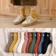 春秋保暖女士中筒襪 日系鬆口刺繡純色透氣諸暨棉襪 一件代發
