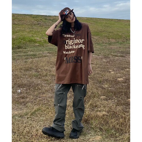 HELLO KOMA American retro printed lettered short-sleeved T-shirt women's national trend 2024 new fashion brand couple's shirt