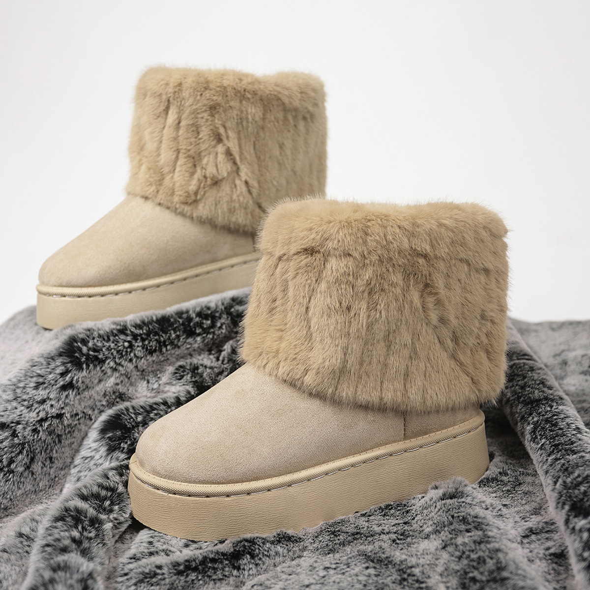 New thick bottom round head fur pants boots short Le network red casual all-match female snow boots_voghion.com