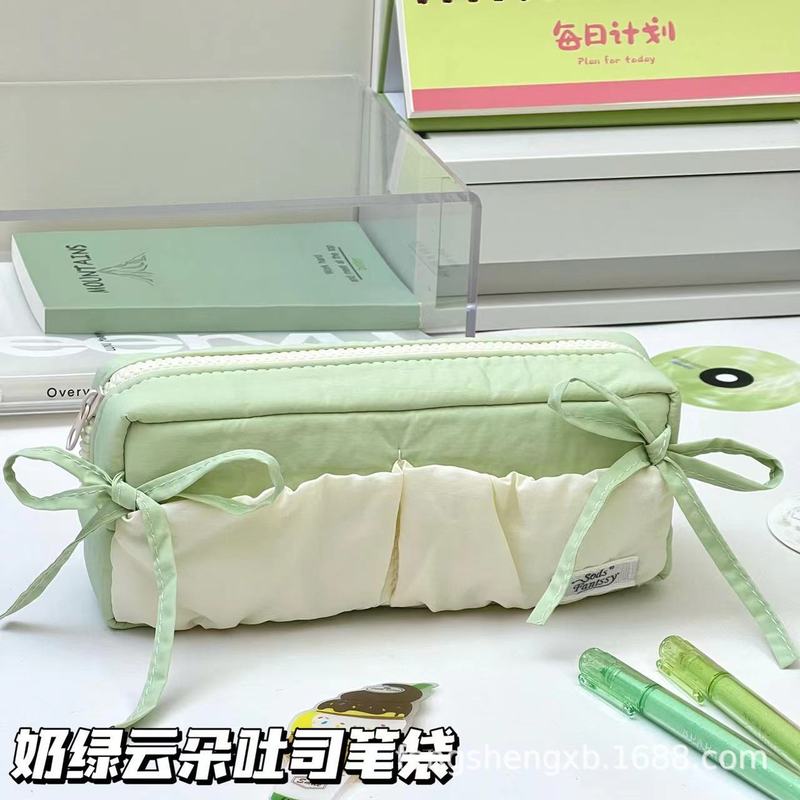 小红书同款ins高颜值云朵吐司丝带蝴蝶结笔袋白绿拼色学生铅笔袋|undefined