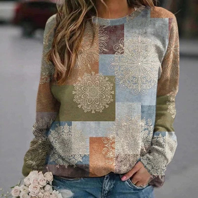 Supports dropshipping, new cross-border women's loose-fitting slimming 3D digital print long-sleeve T-shirt, breathable round-neck top Supports dropshipping, new cross-border women's loose-fitting slimming 3D digital print long-sleeve T-shirt, breathable round-neck top