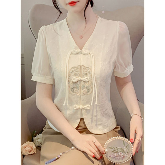 New Chinese-style Collar Embroidered Shirt Women's Summer 2025 New Waist Slimming Short Top National Style Short-sleeved Shirt