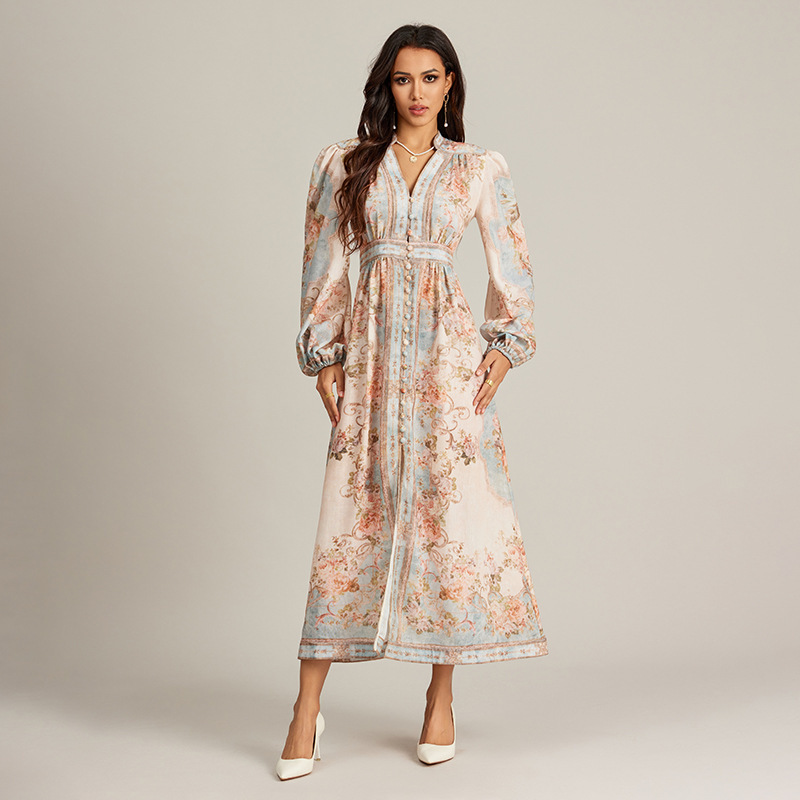 Real Shot of Palace Style V Neck Retro Printed Long Dress