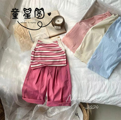 童星圓 兒童條紋小背心2024夏款女童韓版彩條無袖T恤休閒褲套裝潮
