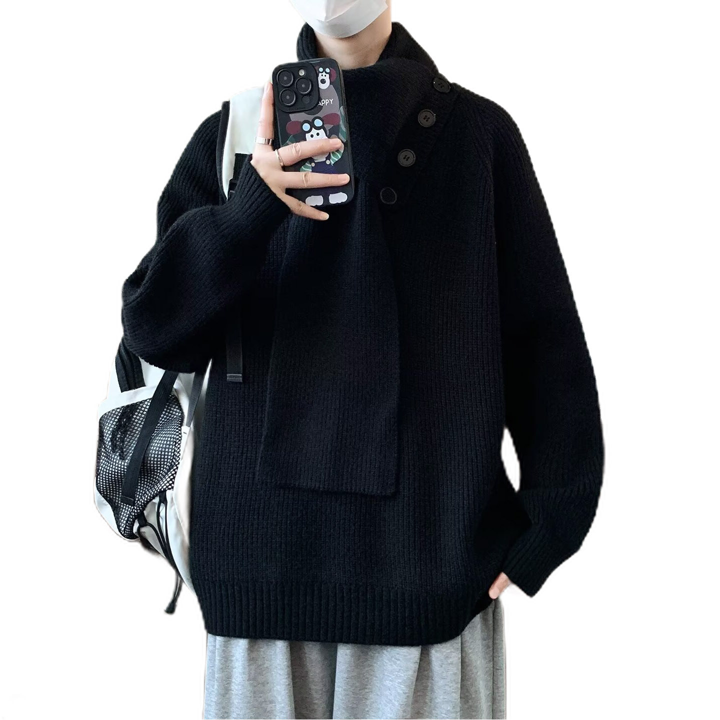 Explosiones transfronterizas de tamaño europeo de diseño de turbillo de tamaño grande sensación de camisa de punto suéter masculino botón de alta sensación otoño invierno fábrica al por mayor