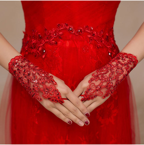 Bride's Wedding Gloves, Sunscreen Lace Gloves, Edge Lacing, Hollow Setting Stones, Fingerless Net Gloves, Short Gloves