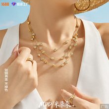 欧美跨境包边圆形锆石间隔项链钛钢镀金ins极简风百搭通勤饰品女