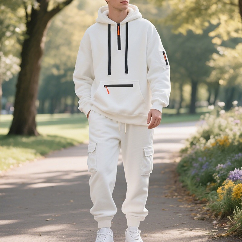Cross-Border Foreign Trade Winter Large Size American-Style Heavy Fleece Loose Men's Casual Sports Multi-Pocket Workwear Set for Men