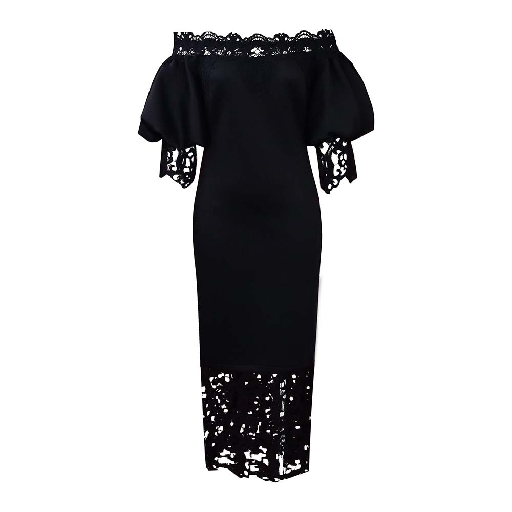 Off Shoulder Lace Trimmed Evening Dress Lantern Sleeves Elegant Design Perfect for Parties Wholesale Available
