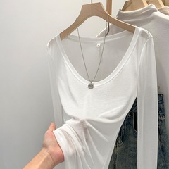 テンセル薄型微透けスリムホワイトUネック日焼け止めボトムブラウスTシャツレディース春夏ビッグネック長袖トップ