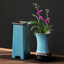中式紫砂兰花盆陶瓷个性简约哥窑开片绿植种植盆栽高筒盆景盆带托