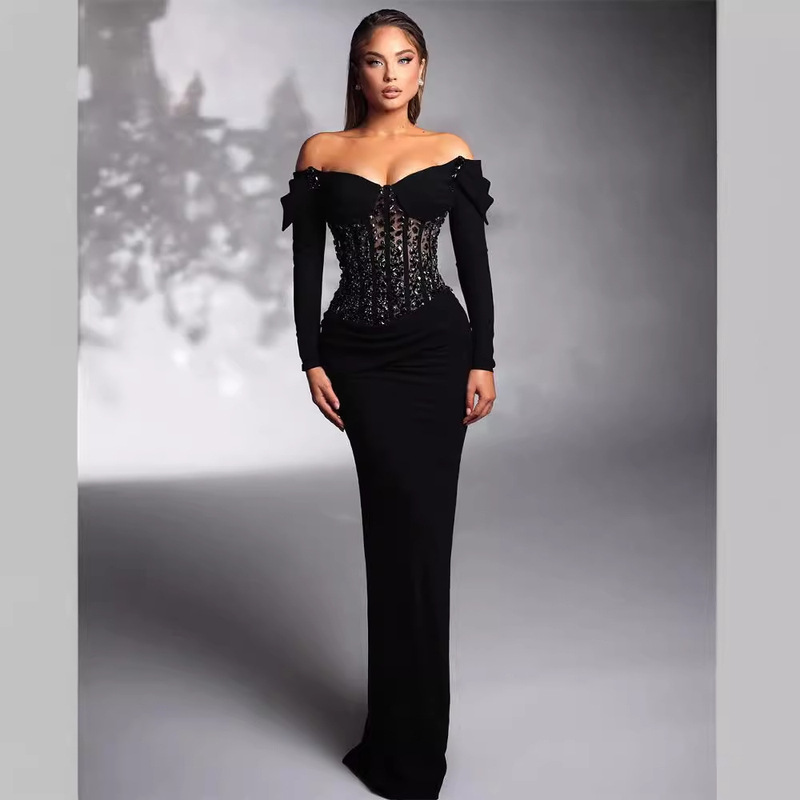2024 Black Sexy Sleeveless Tube Top with Diamond Tight Casual Split Long Floor-length dress Dress for Women