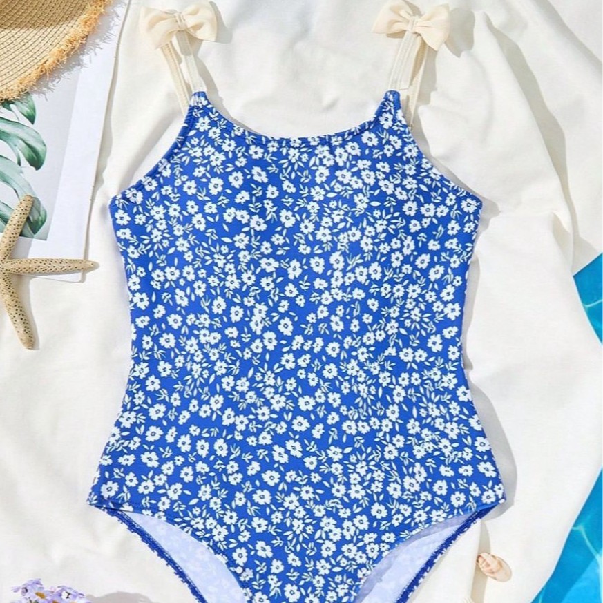 Einteiliger Badeanzug mit Blumenmuster für Mädchen, niedliches Dreiecksmuster, verspielter Stil, Sommerbademode für größere Kinder im Alter von 3-11 Jahren_voghion.com