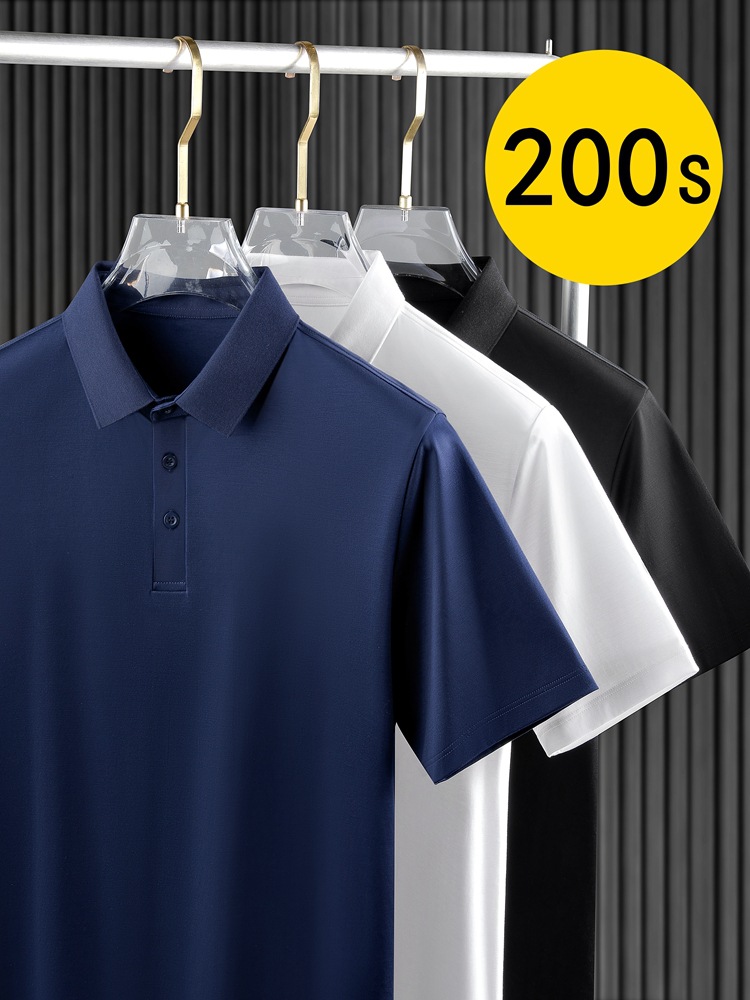 200 de lujo de gama alta 5A antibacteriano solapa Polo de manga corta Camiseta de los hombres de color sólido doble de algodón mercerizado media manga superior