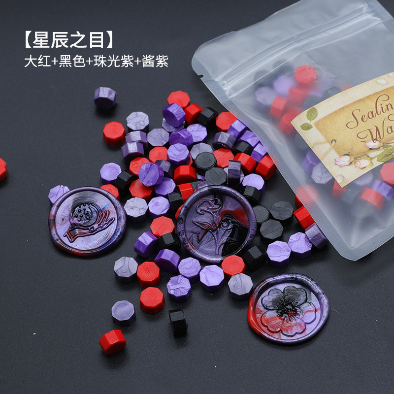 Ocho-lado fuego pintura cera grano mezclado color 35g bolsa de embalaje fuego pintura cera sello al por mayor sobre DIY mano cuenta de sellado Uso de cera