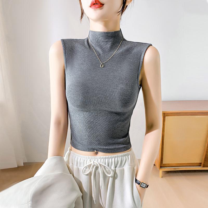 Solid Color Threaded Knitted Half Turtleneck Sleeveless Short Vest for Women 2025 New High Waist Navel-Baring Waistcoat Bottoming Top
