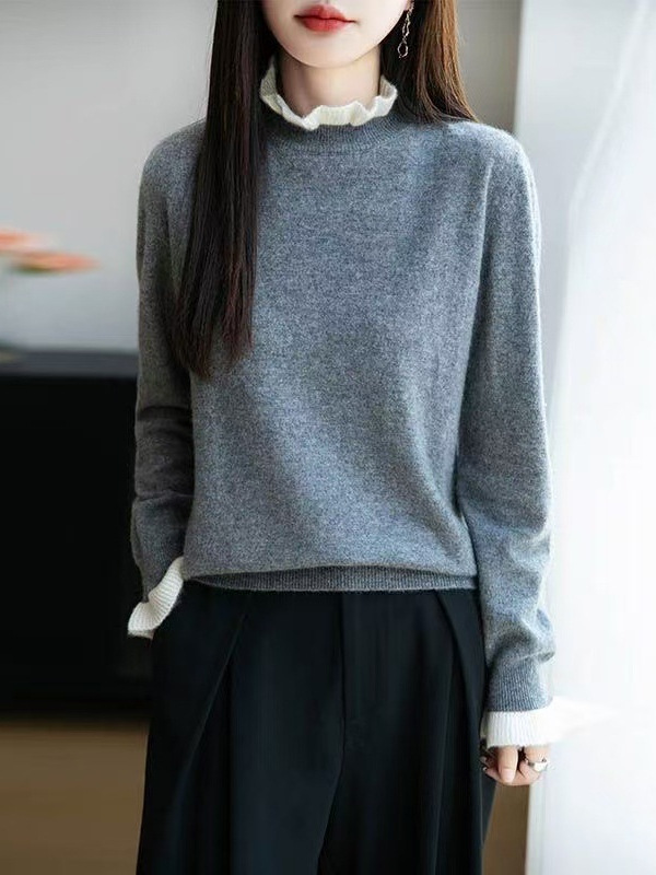 法式木耳花边领100%纯羊毛针织衫女2025秋冬新款拼色洋气保暖内搭|undefined