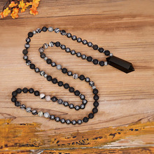 跨境电商热销黑玛瑙六角柱项链波西米亚风火山石直穿项链