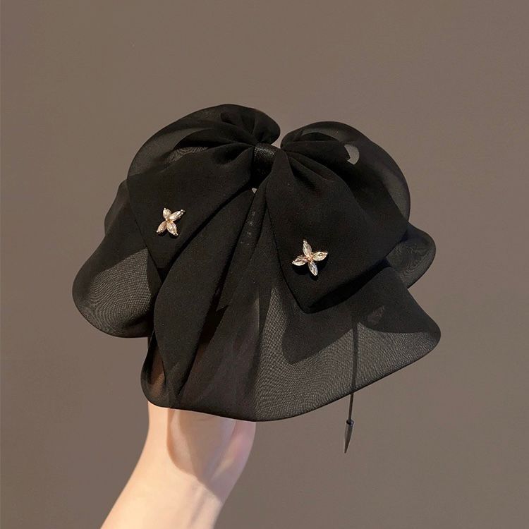 甜美高級感網紗黑色蝴蝶結抓夾女2024年新款氣質後腦勺馬尾鯊魚夾