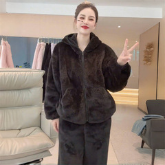フード付きポケット付きベルベット厚手ホームウェアツーピース暖かいセット、無地のゆったりとしたパジャマ、2025年冬のレイジースタイル