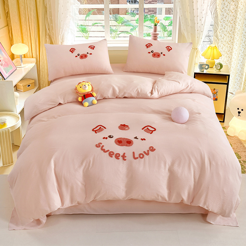 Toalla de algodón bordada Cute Pig - Pink