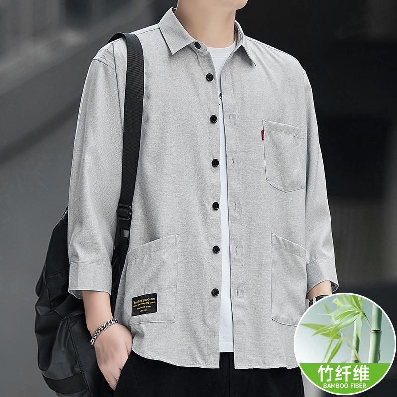 [Bamboo Fiber] Summer Ice Silk Seven-point Sleeve Elastic Non-ironing Shirt Men's Casual Short-sleeved Shirt Jacket Loose