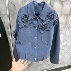 韩版2025春季新款鲜花立体花朵装饰时尚宽松复古牛仔短外套女百搭