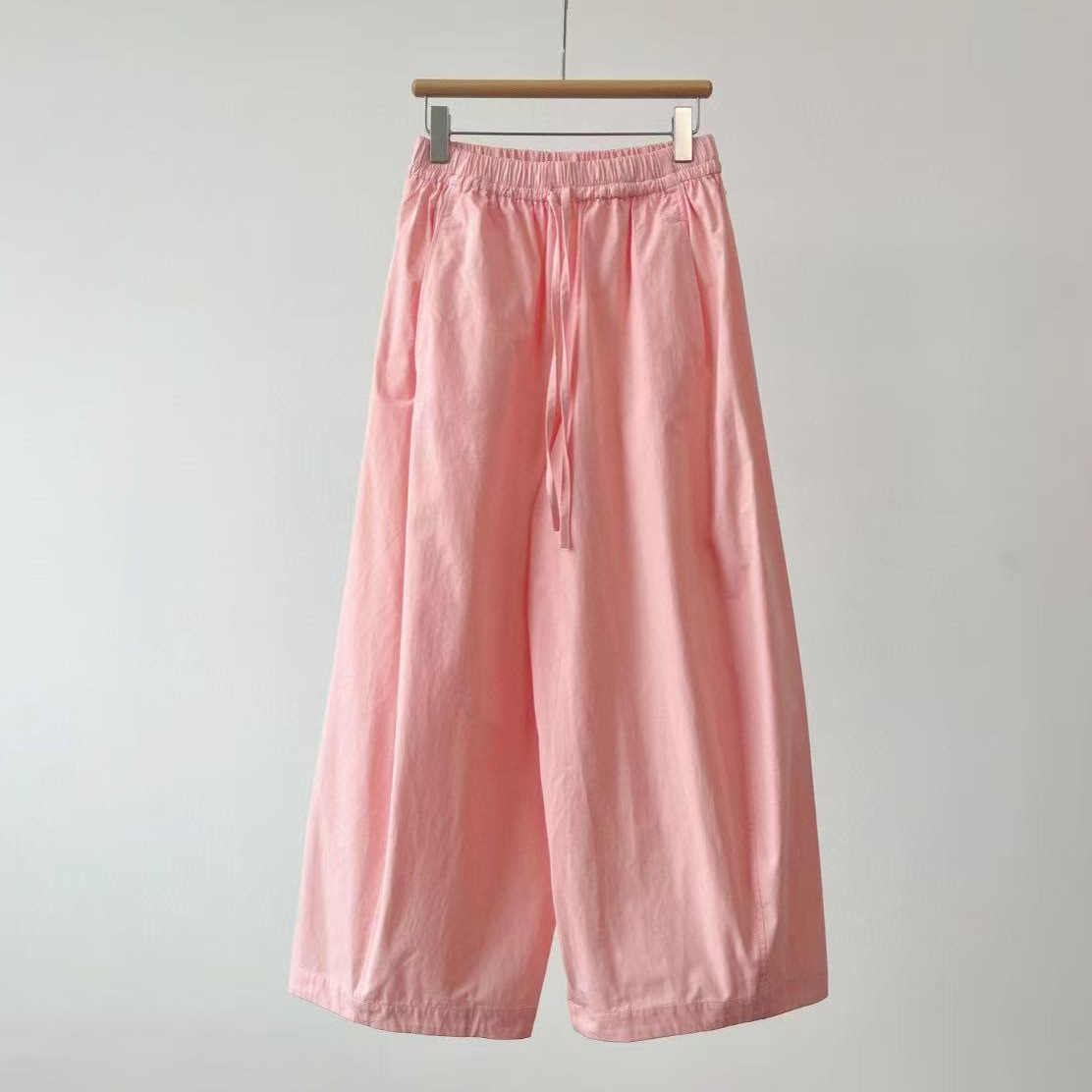 2025 New Combed Cotton Girl Pink Lace-Up High-Waisted Wide-Leg Pants for Age Reduction, Slimming Look and Versatile Balloon Nine-Point Pants for Women