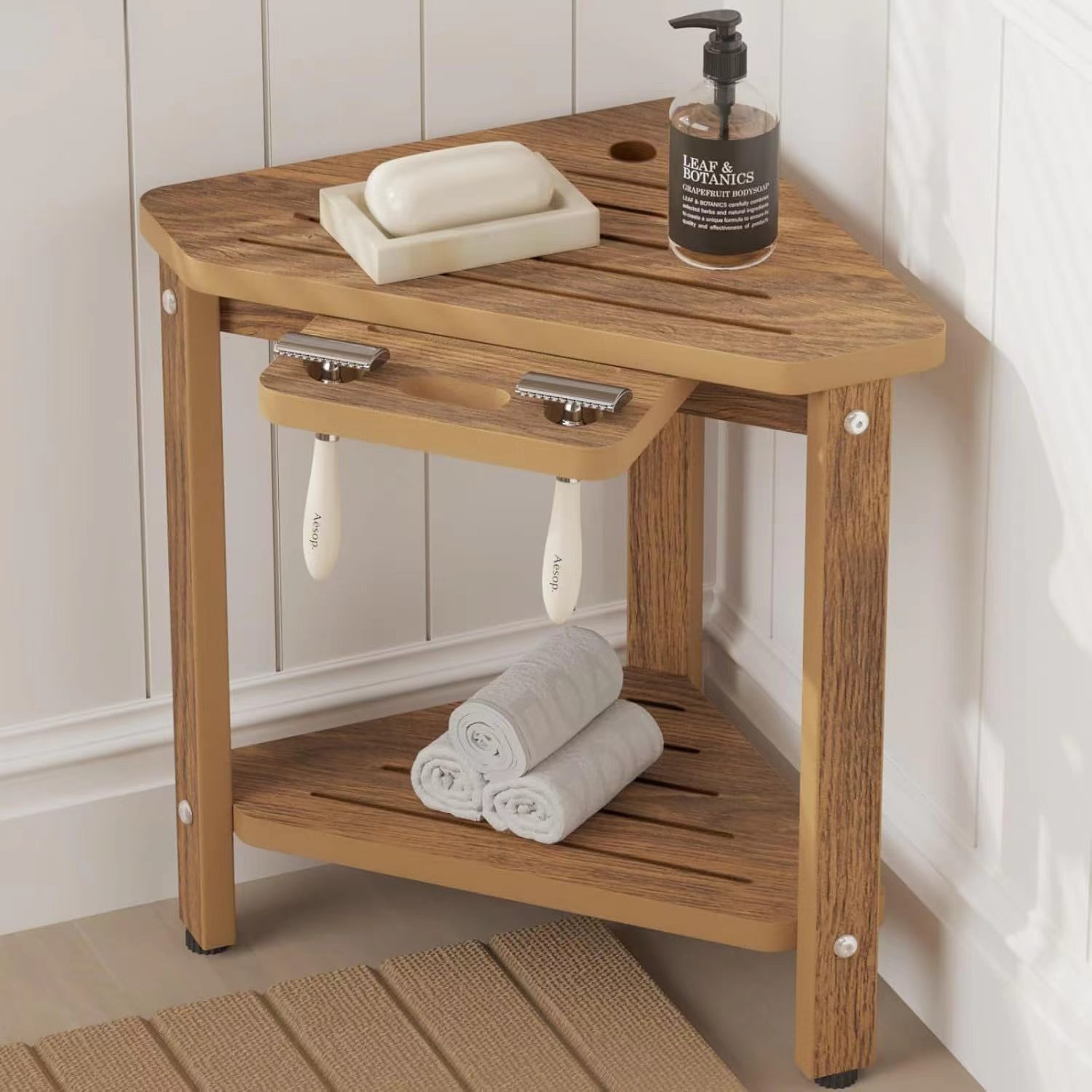 Wooden Bathroom Foot Pedal Household Bath Stool Corner Double-Layer Storage Rack Solid Wood Flower Rack Storage Bracket Organizer Rack