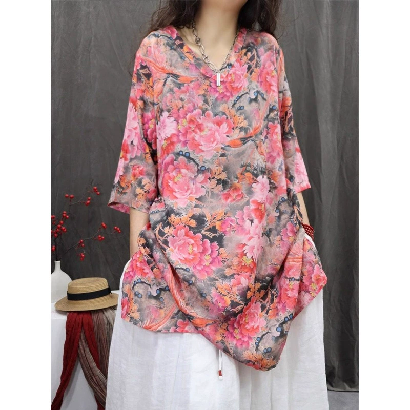 В наличии 2025 новая летняя рубашка из рами с принтом в ретро стиле, свободного кроя, с V-образным вырезом, средней длины, художественная рубашка-юбка