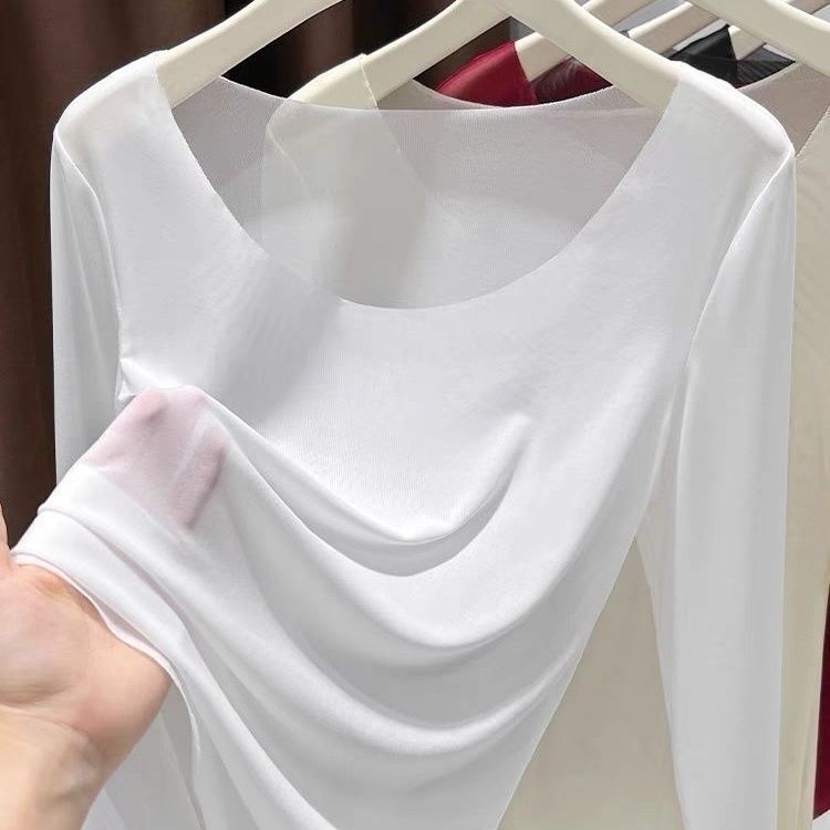 Low-Neck Base Shirt for Women, High-Elastic Transparent Top, Sheer Inner Layer, Large Neckline, Exposed Collarbone, Long-Sleeve Lace Low-Neck Base Shirt for Women, High-Elastic Transparent Top, Sheer Inner Layer, Large Neckline, Exposed Collarbone, Long-Sleeve Lace