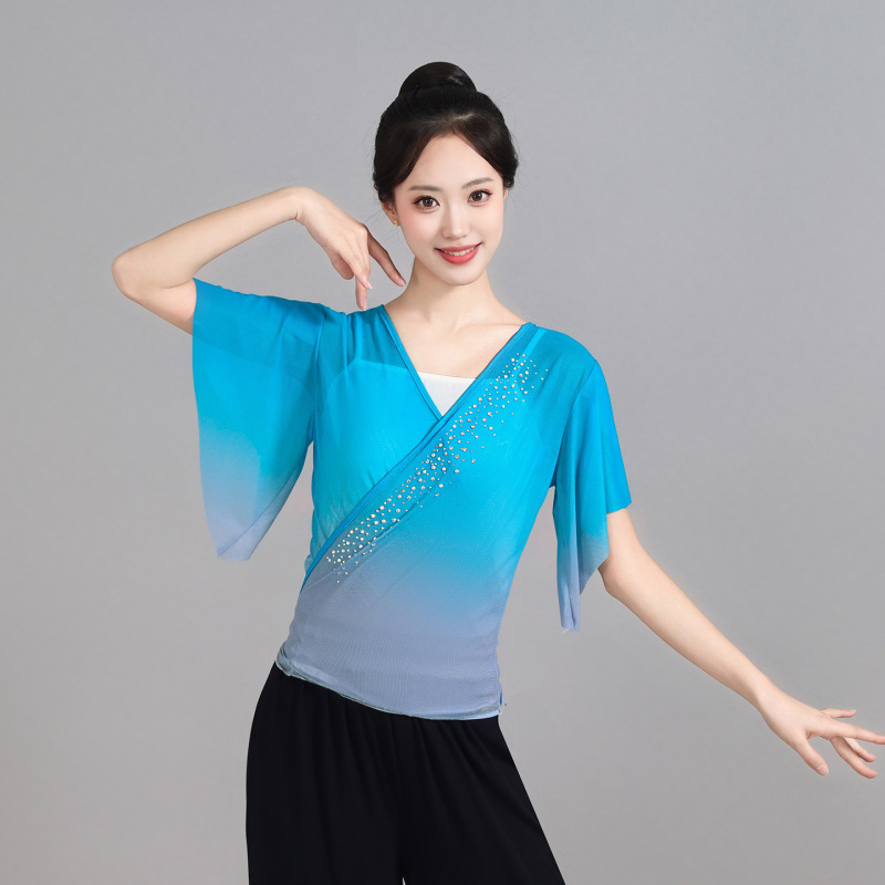 新しい古典舞踊グラデーション弾性メッシュ半袖トップ練習服ボディショートレースアップダンス服女性用|undefined